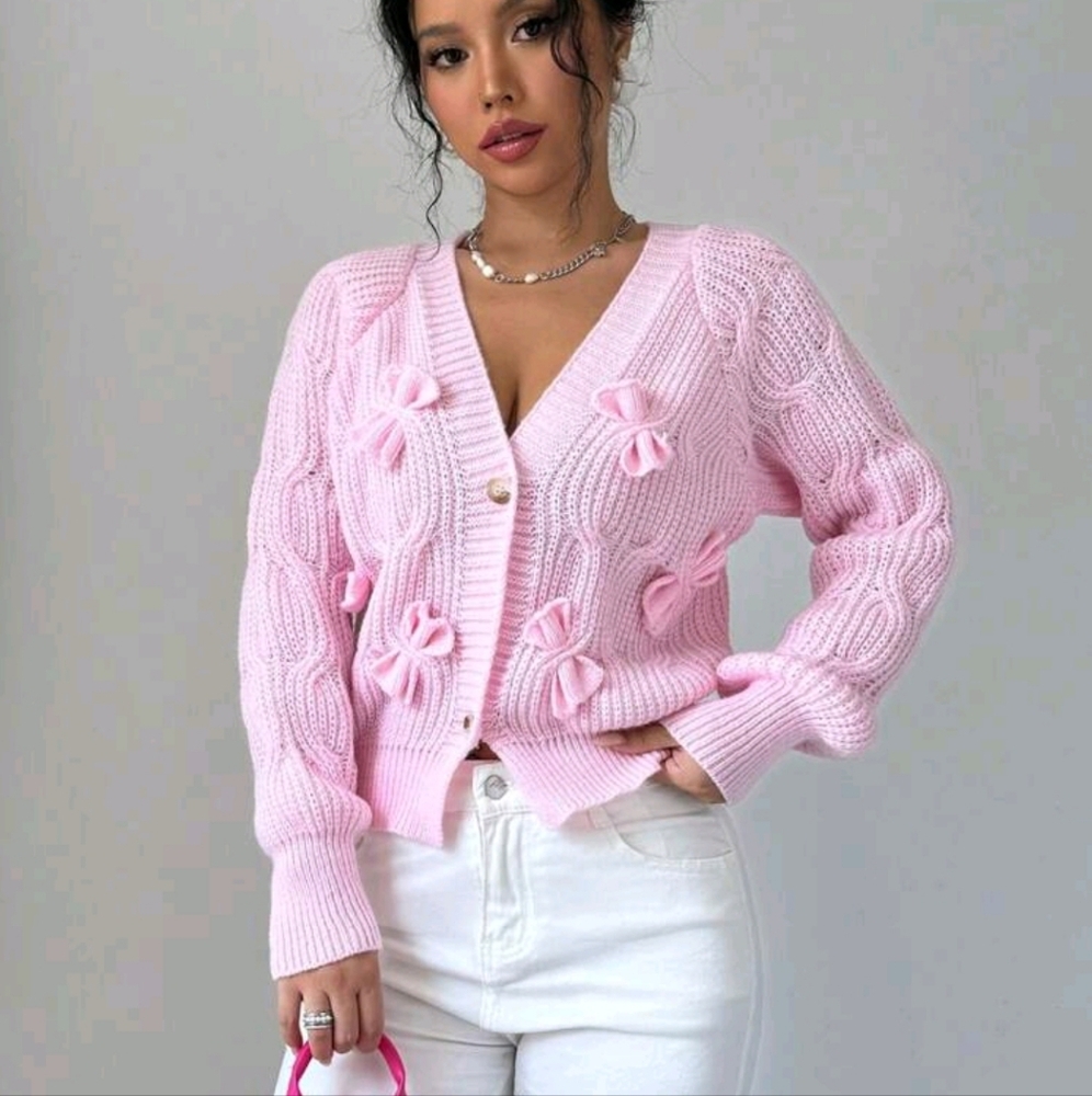 Women's Solid Color Bow Decor Raglan Sleeve Casual Cardigan, Autumn - Picture 3 of 5